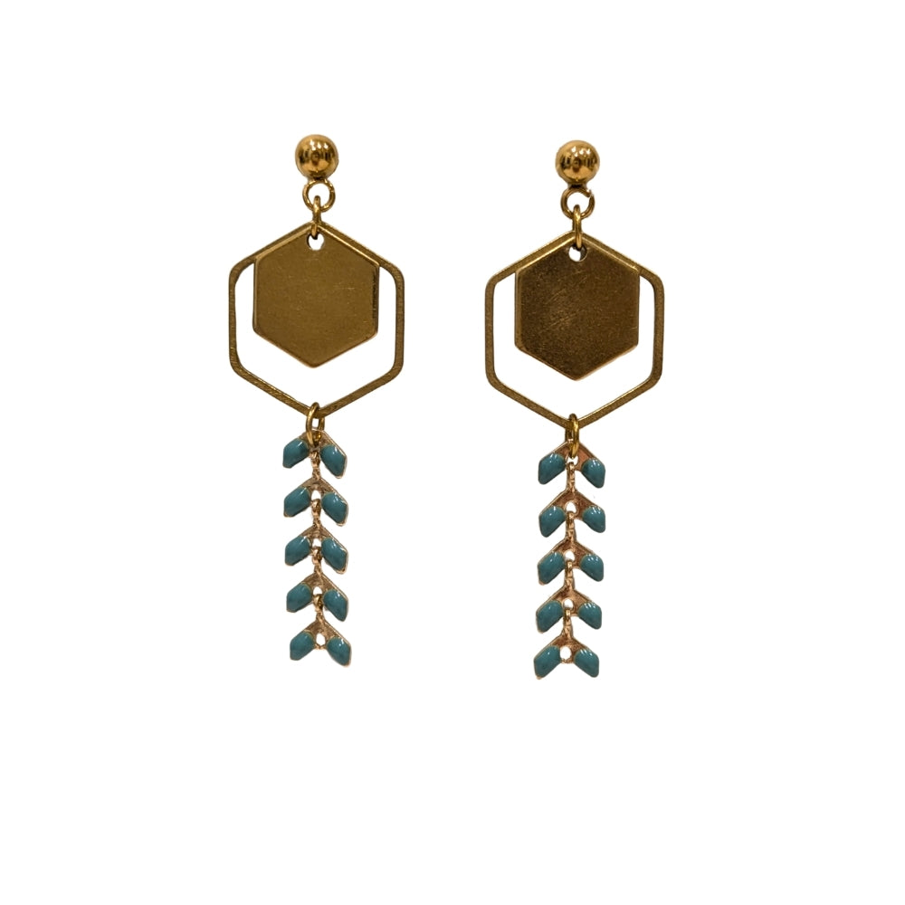 Boucles d’oreilles chevron | style géométrique | Double hexagone doré & vert