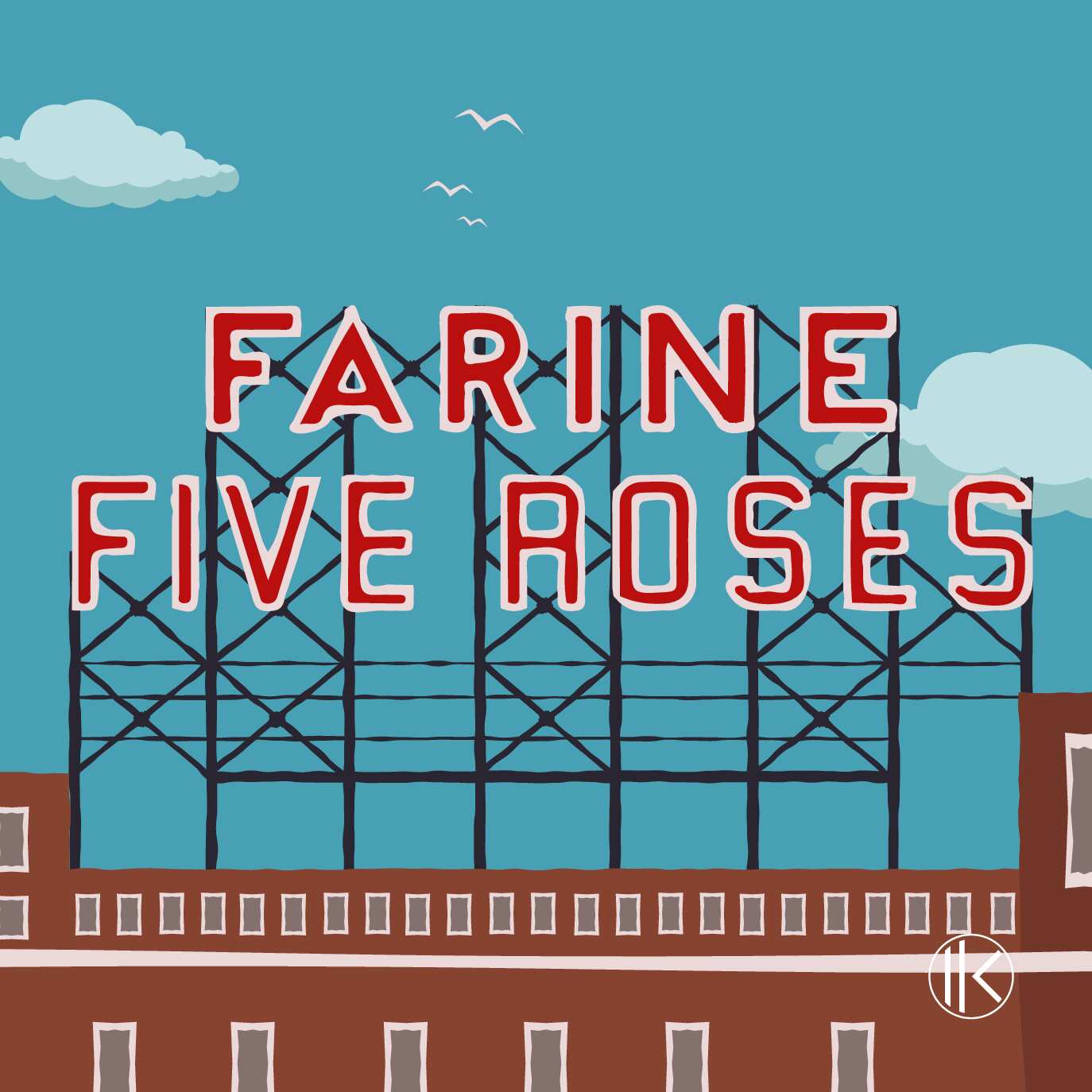 Ikon en bois « Farine Five Roses » de Fabrik Nordik : l'enseigne lumineuse rouge sur fond de ciel bleu