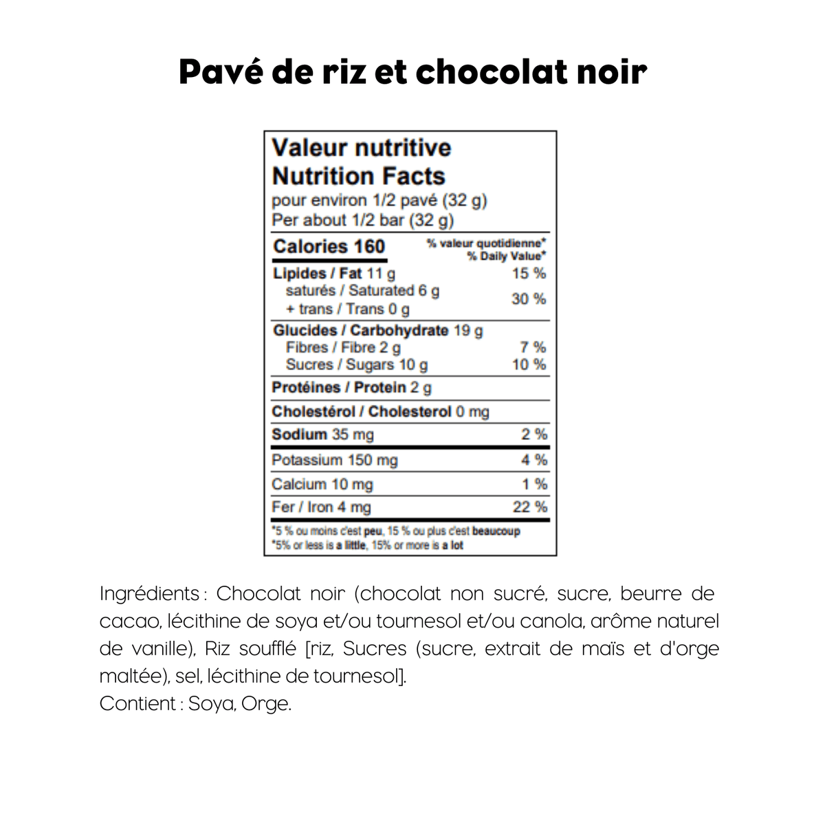 Nutrition facts and ingredients of the dark chocolate rice bark