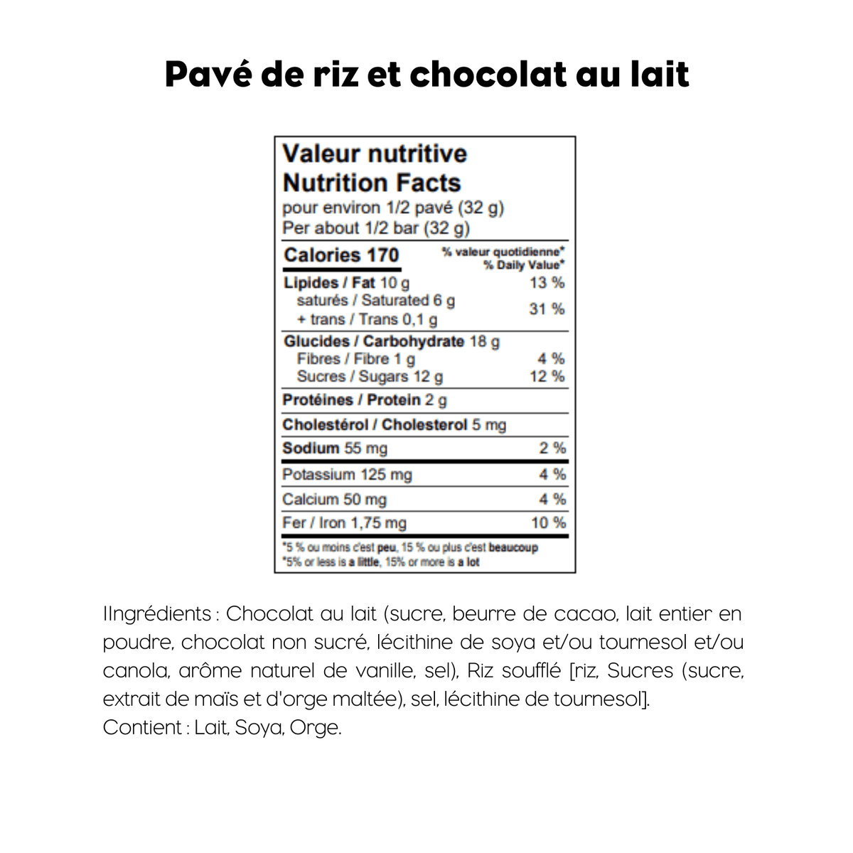 Nutrition facts and ingredients of the milk chocolate rice bark