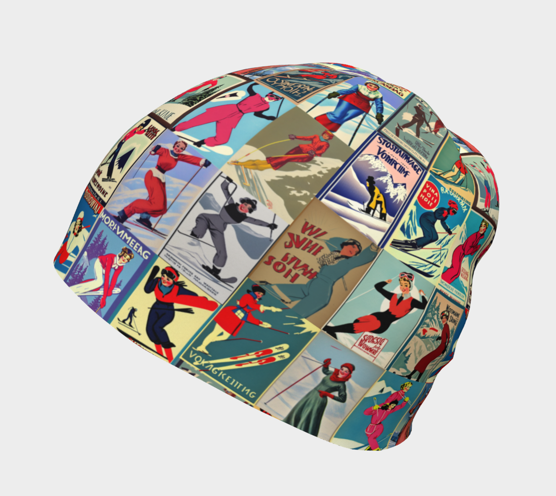 Bonnet avec art vintage unique en collage de ski pour femmes rouge