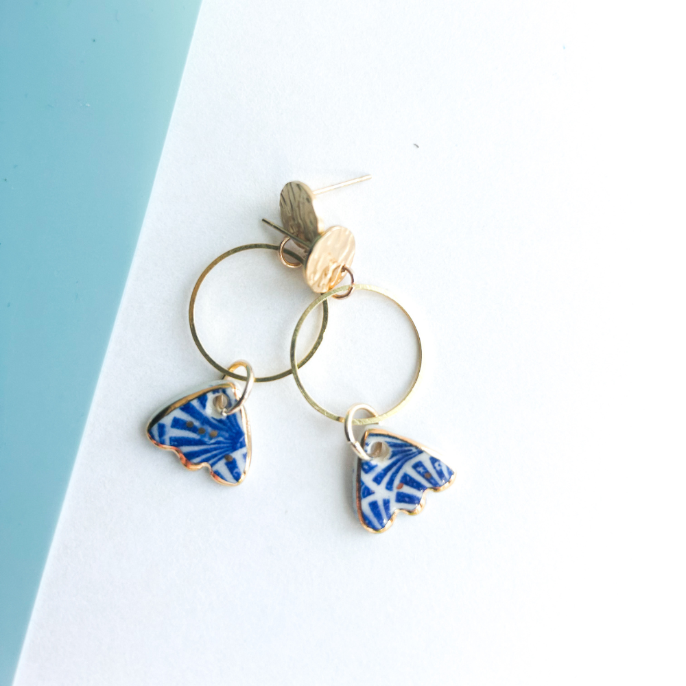 Boucles d'oreilles en céramique - Pendante imprimé bleu WAM 0005