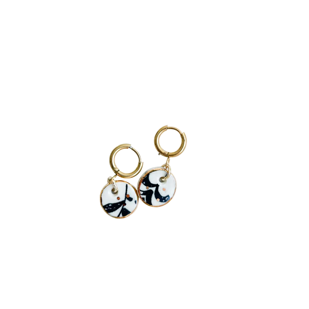 Boucles d'oreilles en céramique - Petite créole imprimé noir WAM 0002
