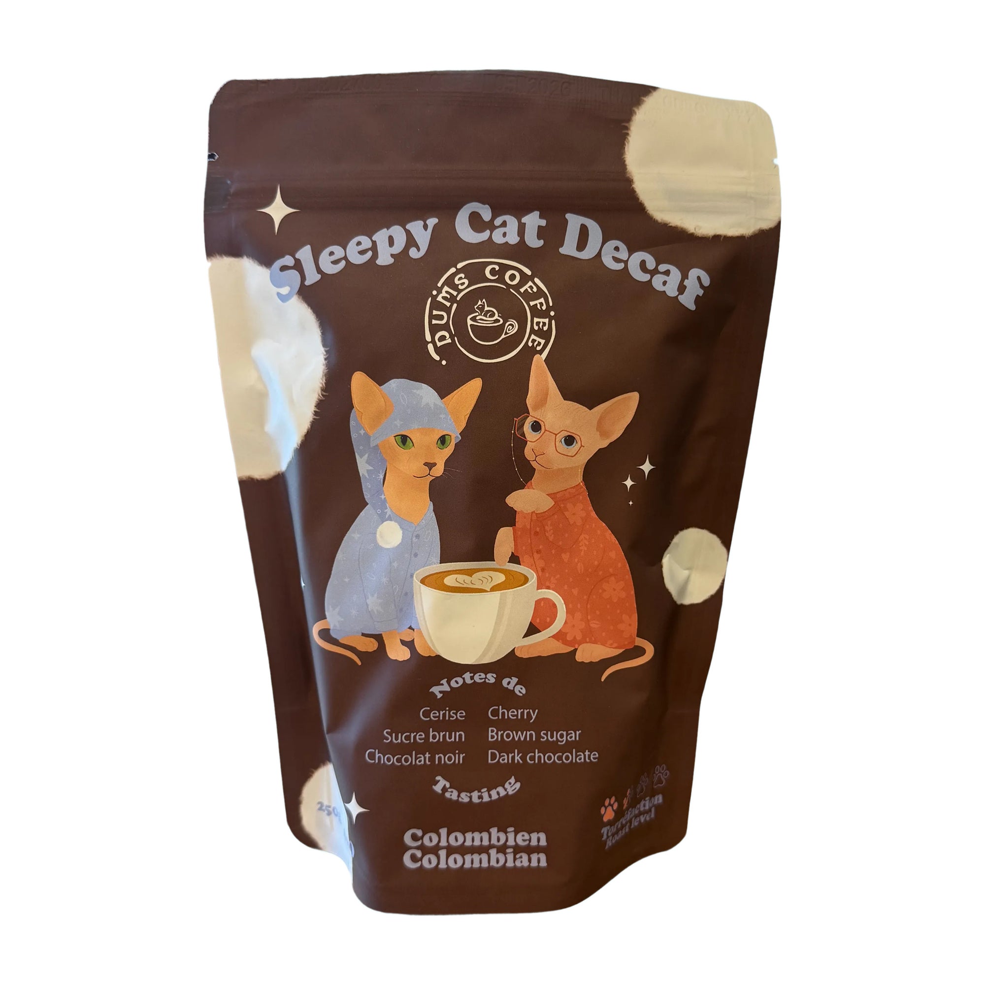 Sachet de café colombien décaféiné Sleepy Cat Decaf de Dums Coffee, sur fond blanc