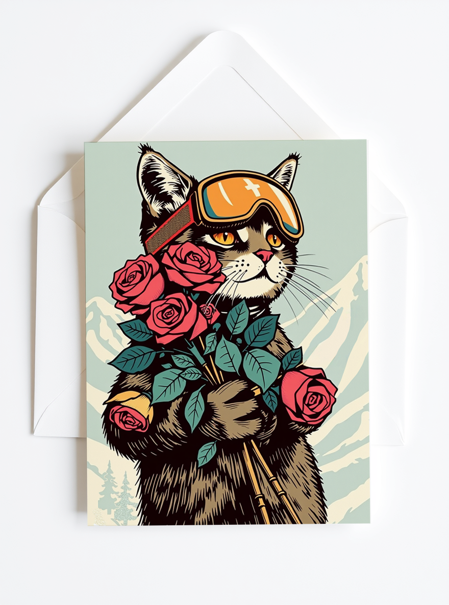 Ensemble de 3 cartes de souhaits "Ski Kitty Flowers"