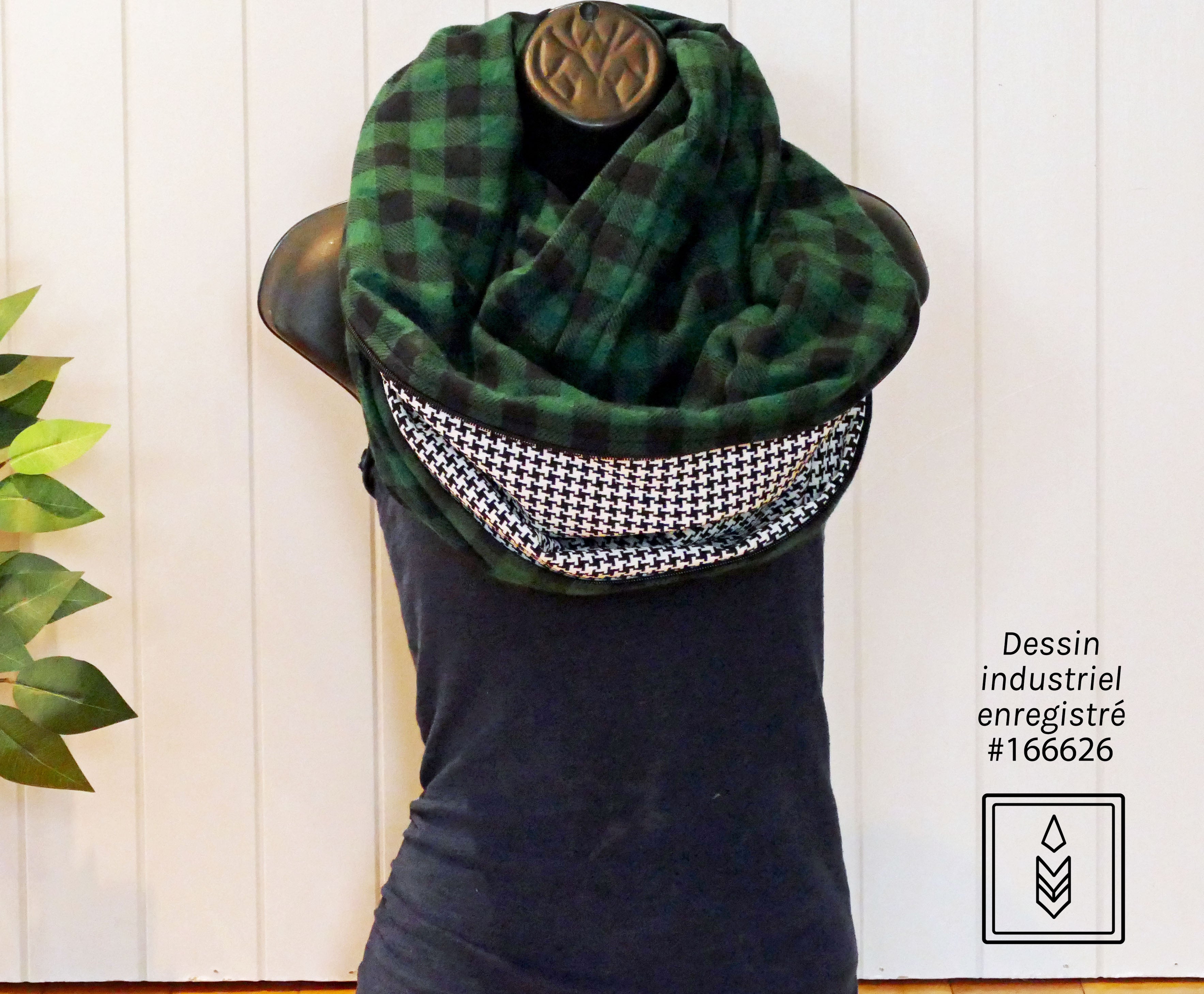 Foulard d'hiver en flanelle carreauté vert et noir pour femme