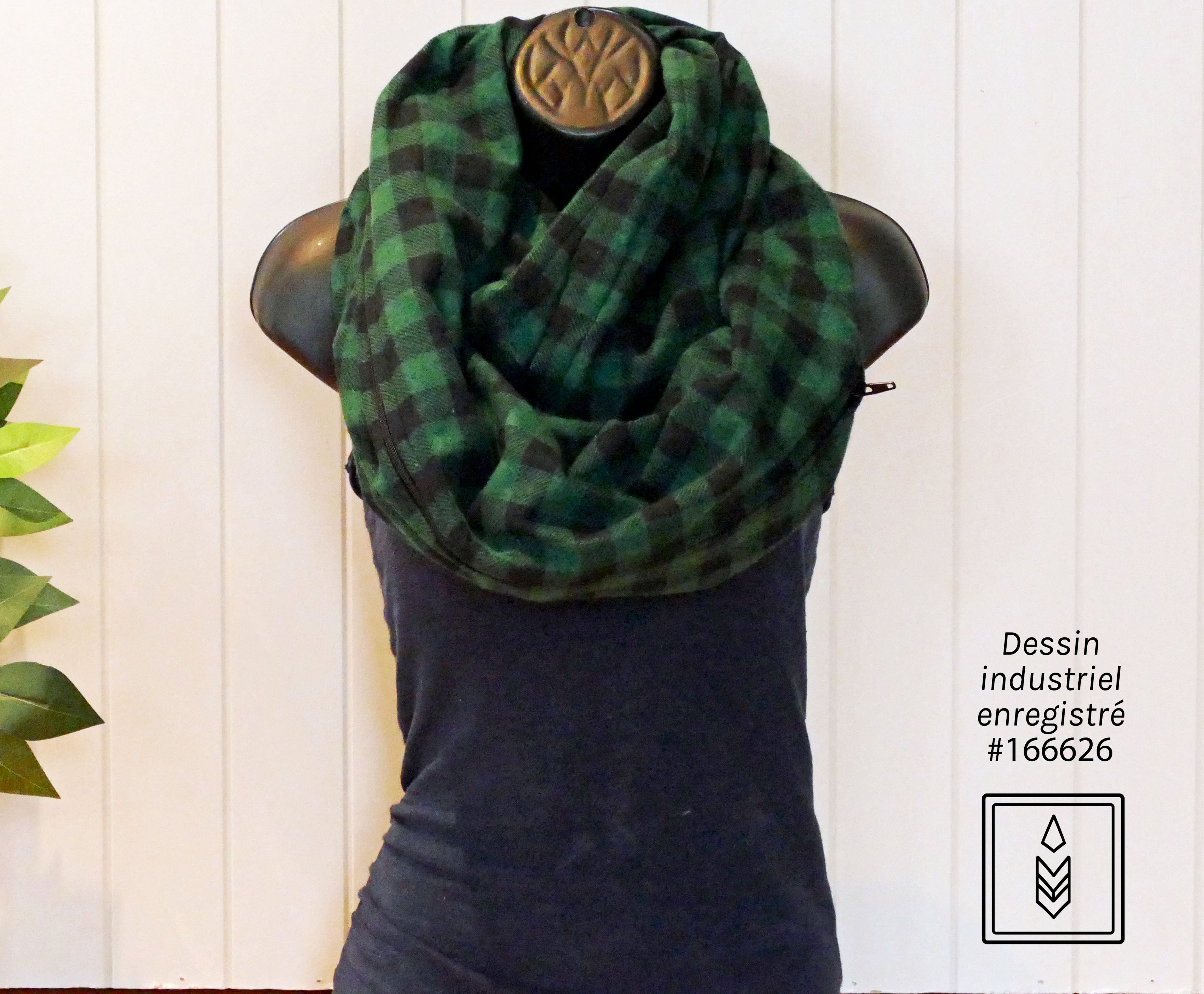 Foulard d'hiver en flanelle carreauté vert et noir pour femme