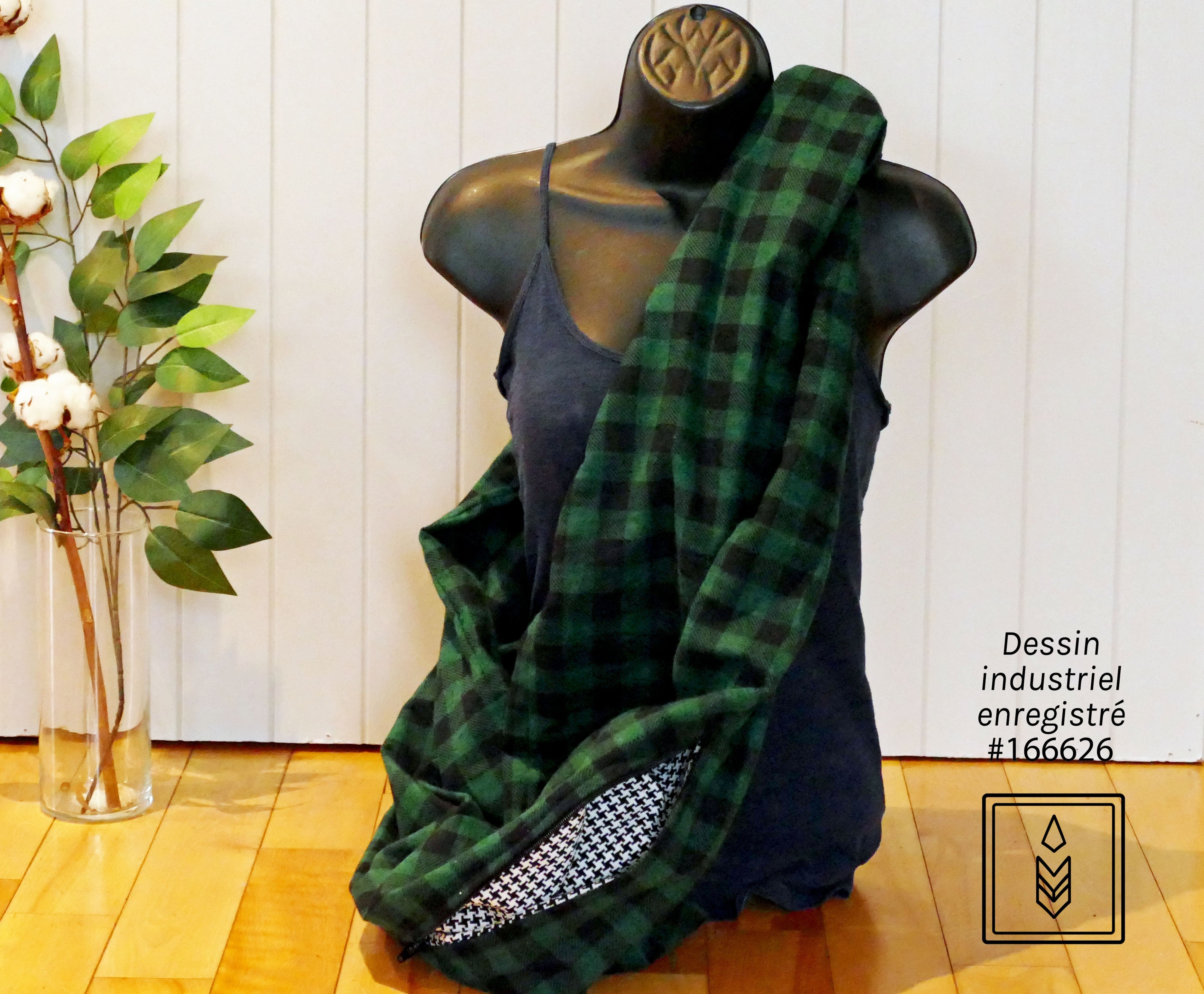 Foulard d'hiver en flanelle carreauté vert et noir pour femme