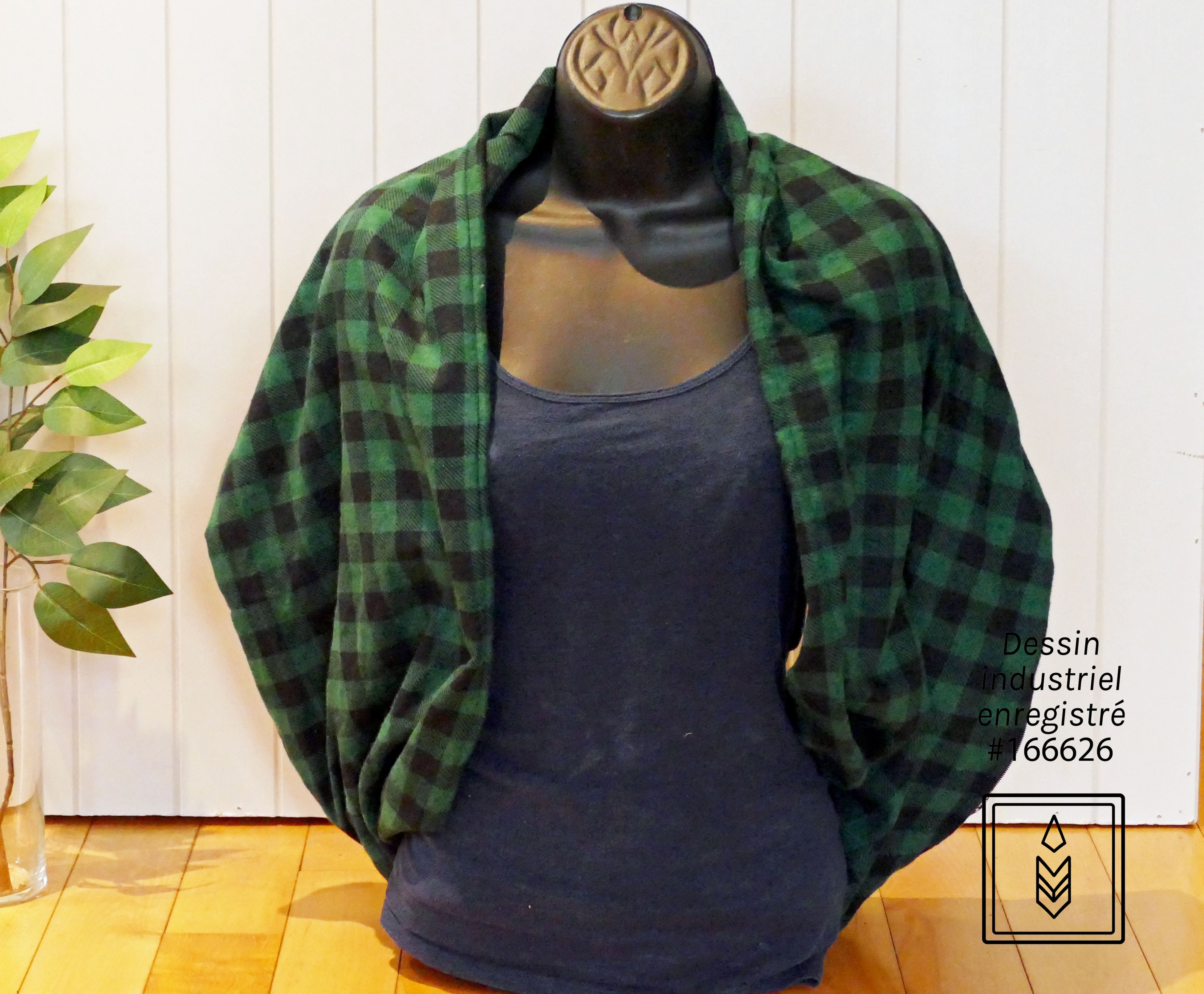 Foulard d'hiver en flanelle carreauté vert et noir pour femme