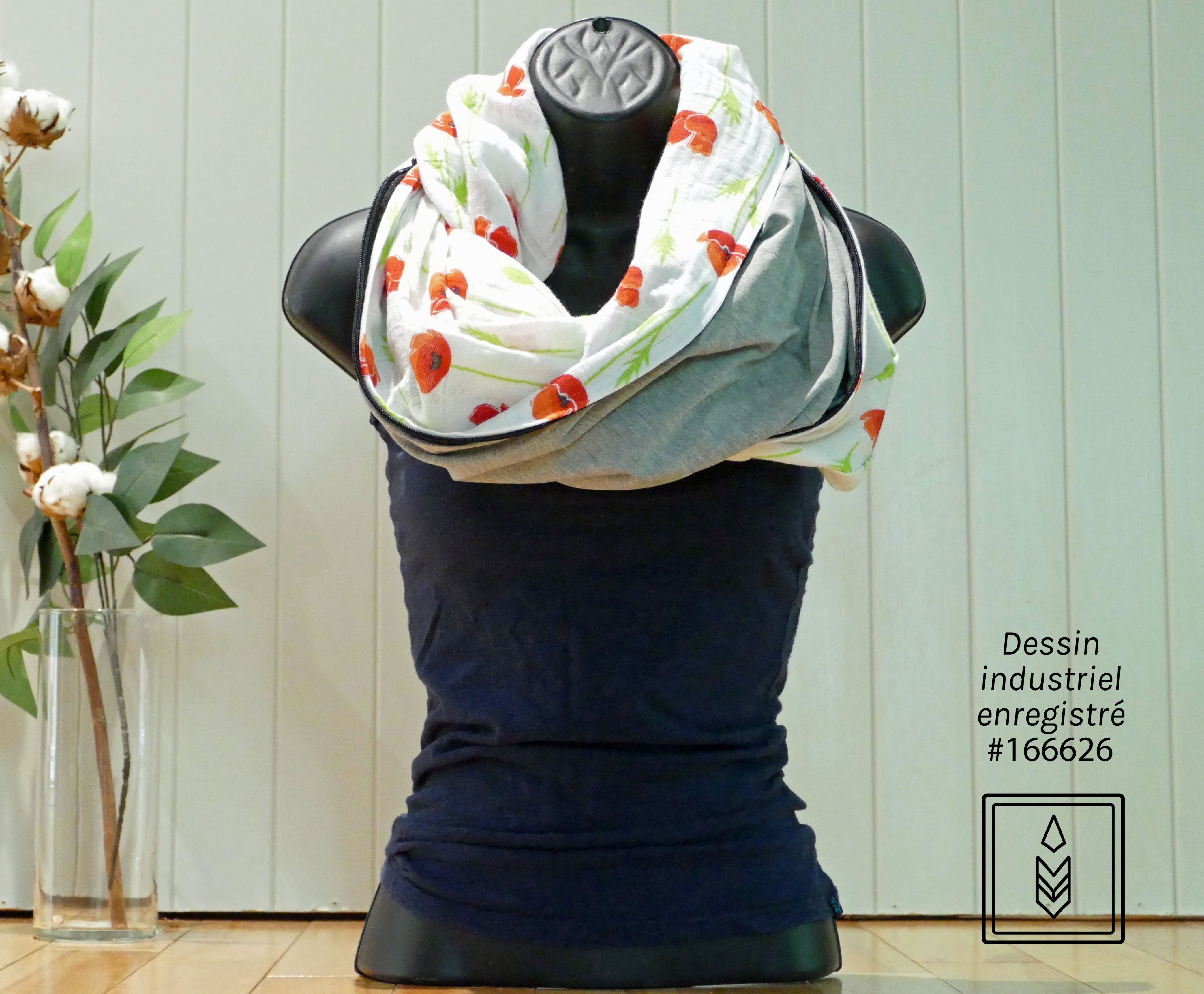 Foulard infini blanc aux motifs de fleurs rouges