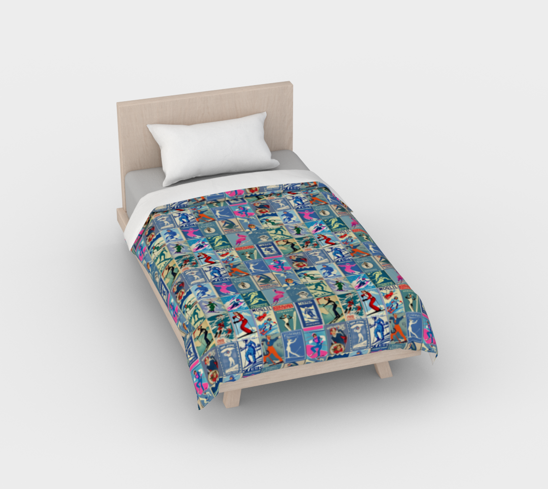 Housse de couette au style vintage Femme Ski en bleu Art Collage