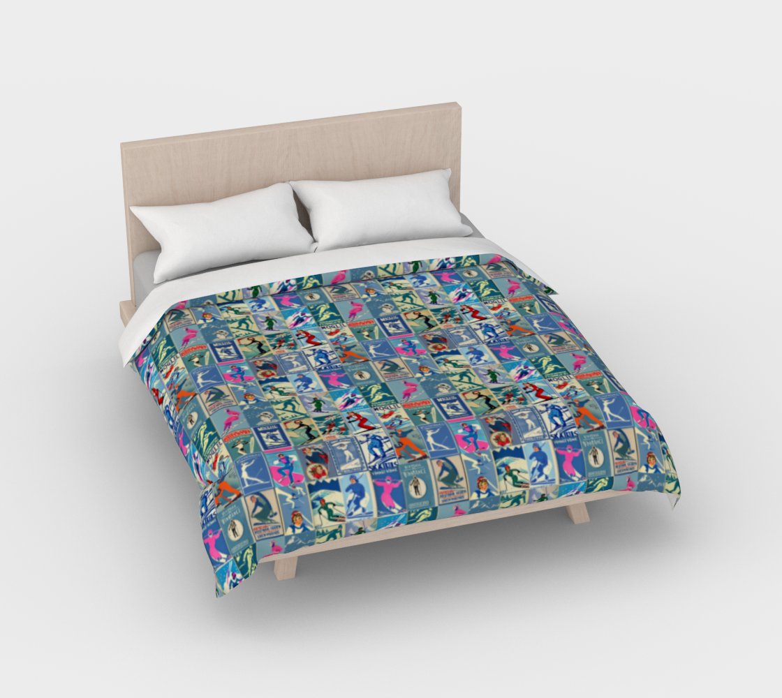 Housse de couette au style vintage Femme Ski en bleu Art Collage