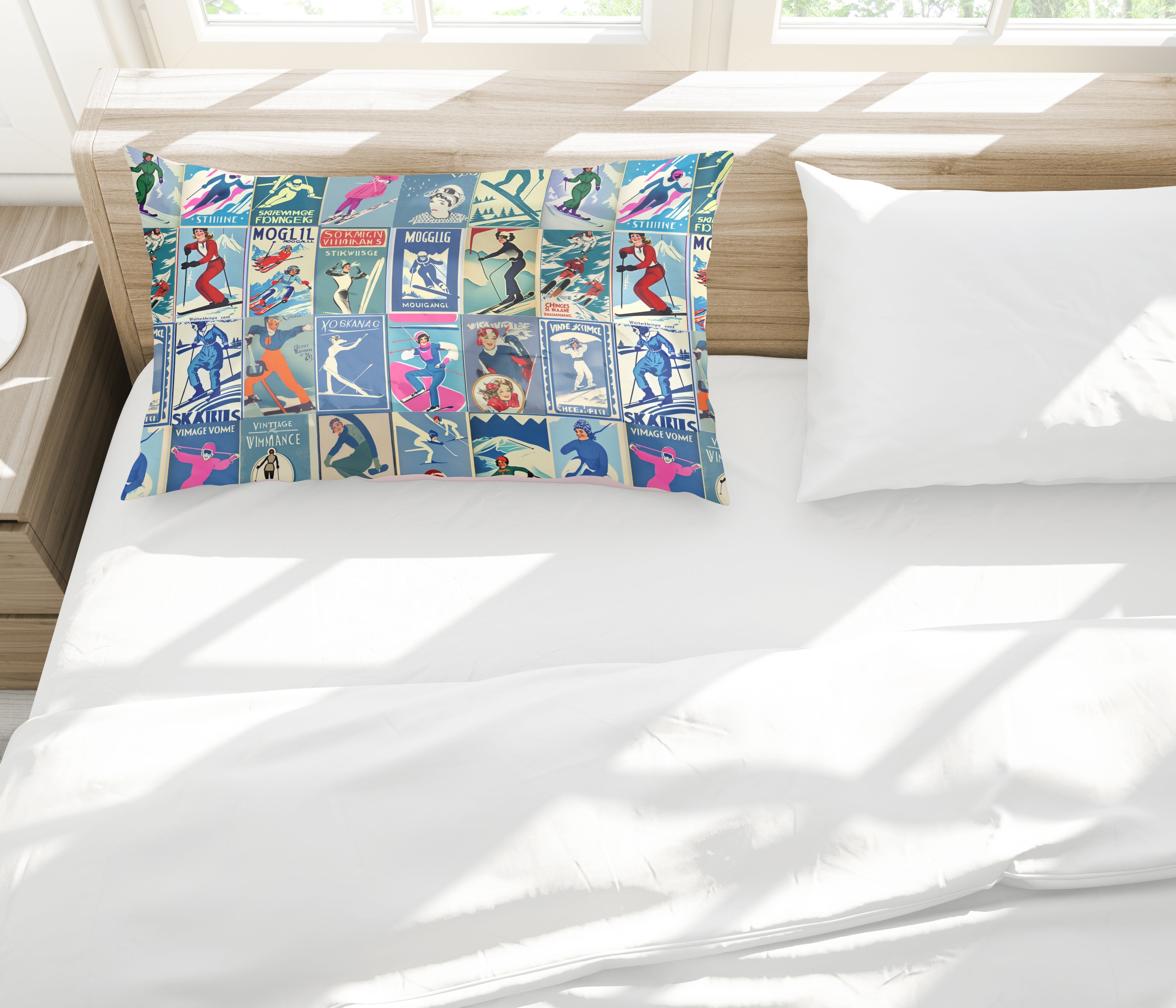 Housse de couette au style vintage Femme Ski en bleu Art Collage