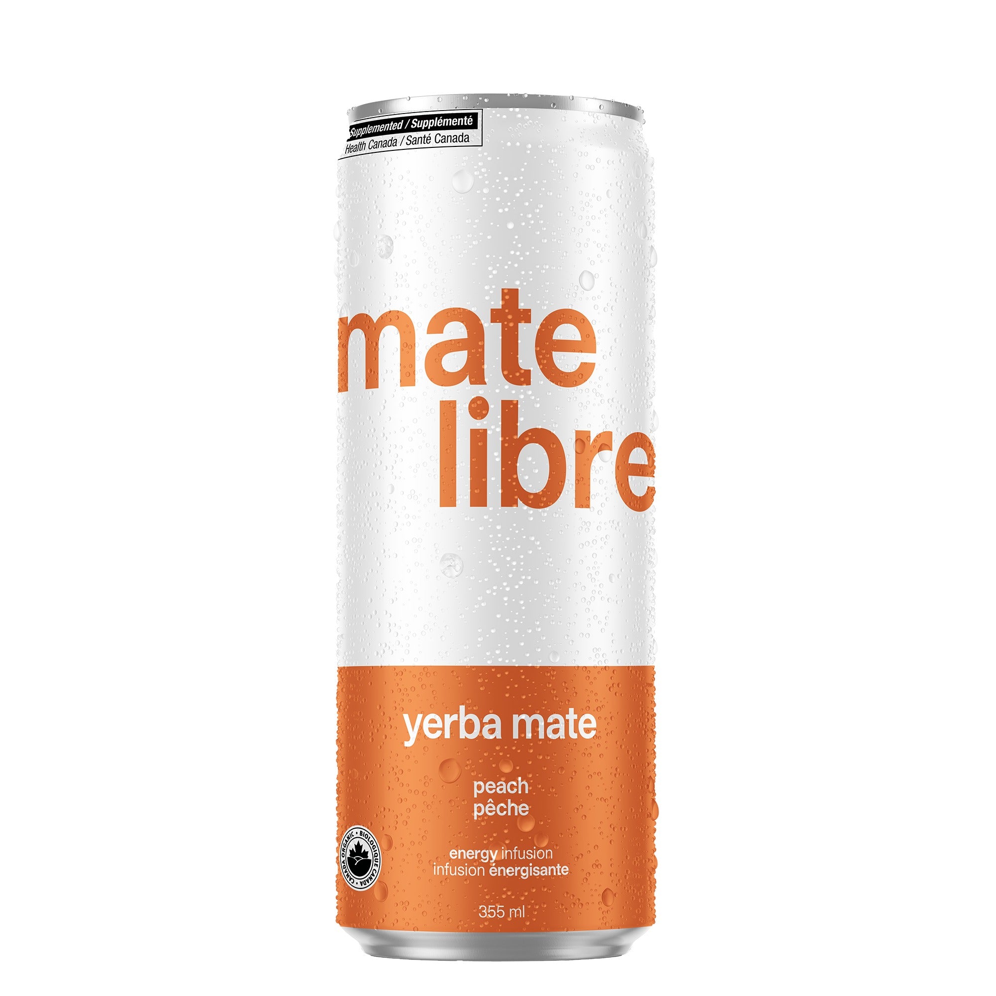 Canette de boisson énergisante au yerba maté et à la pêche de Mate Libre, 355 ml