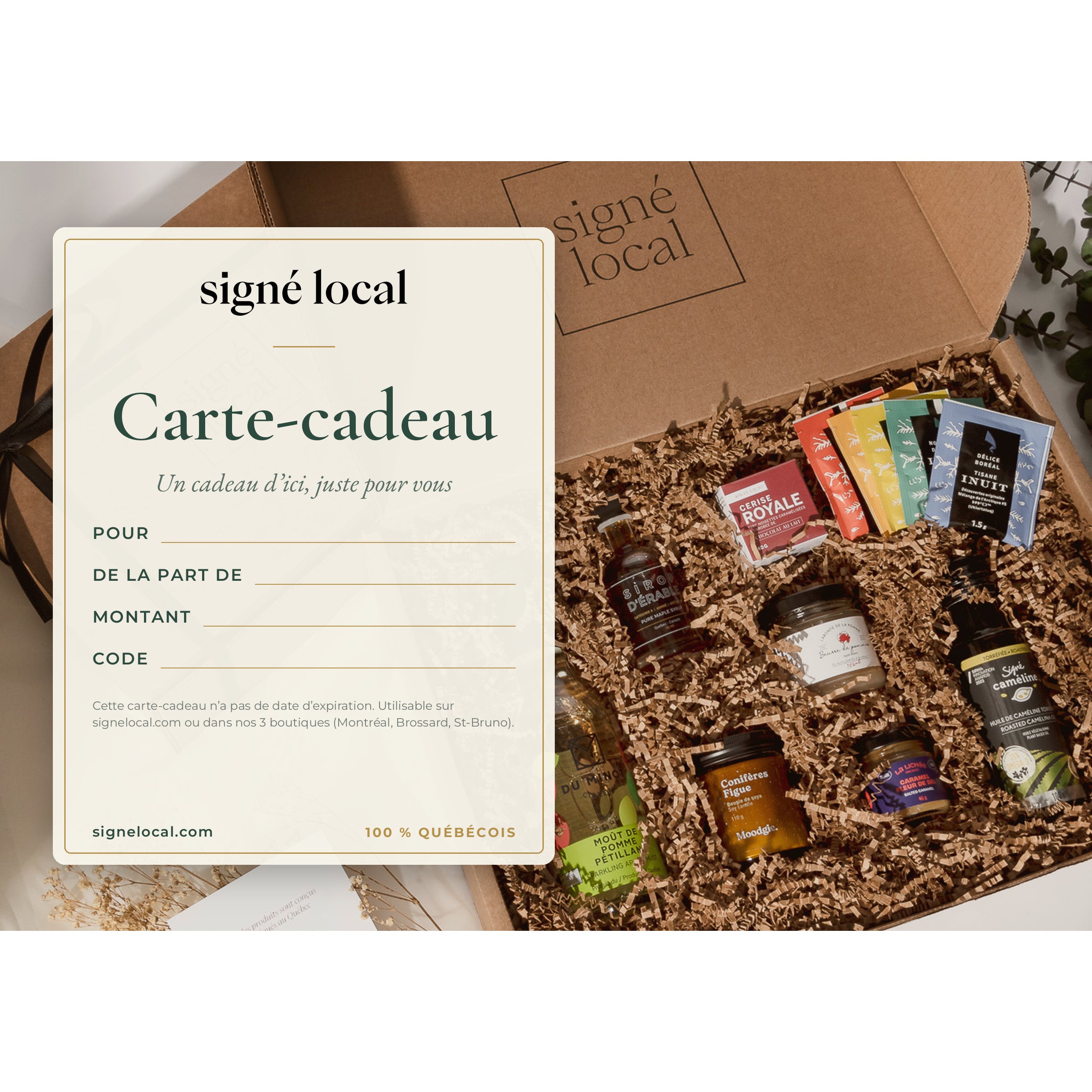 Carte-cadeau Signé Local présentée avec un coffret de produits québécois