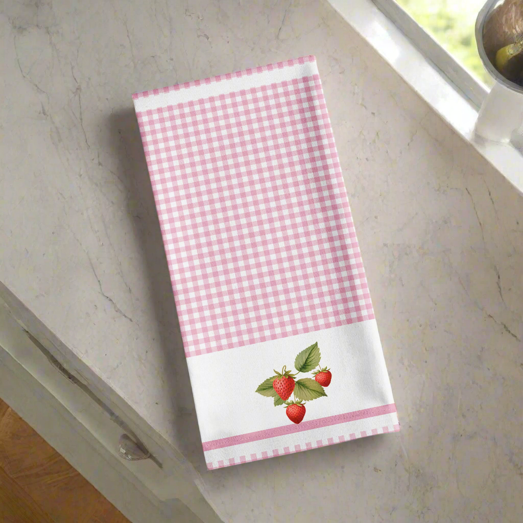 Torchon de cuisine décoratif en vichy rose vintage Strawberry Art pour votre cuisine ou à accrocher sur vos murs