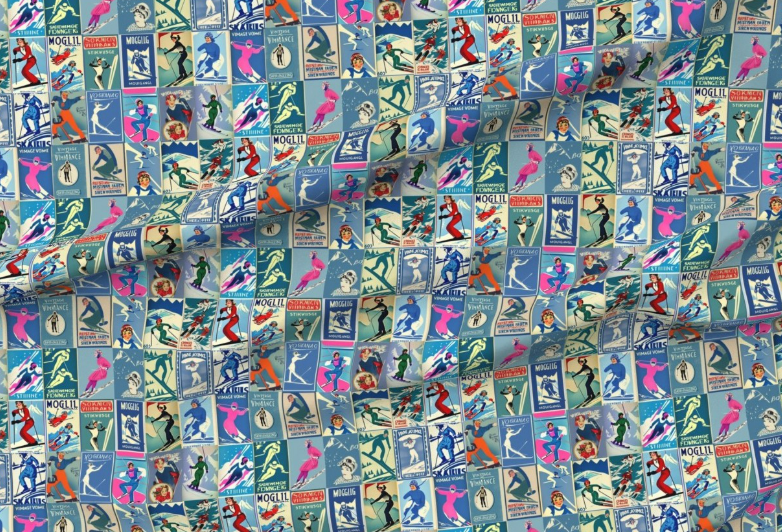 Tissu style vintage femmes skieuses en bleu Collage Art