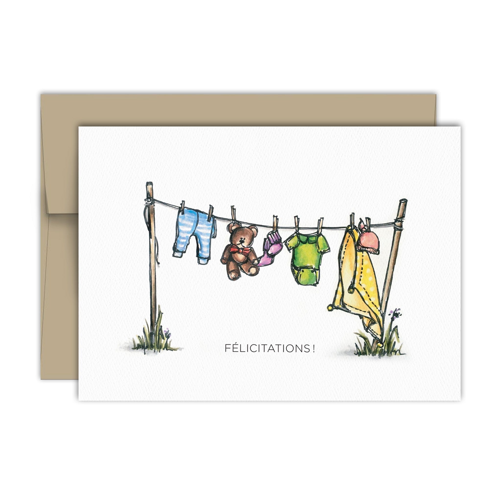 Carte de souhaits - Naissance - Corde à linge par Fêtes Grenadine vendu par SignéLocal.com