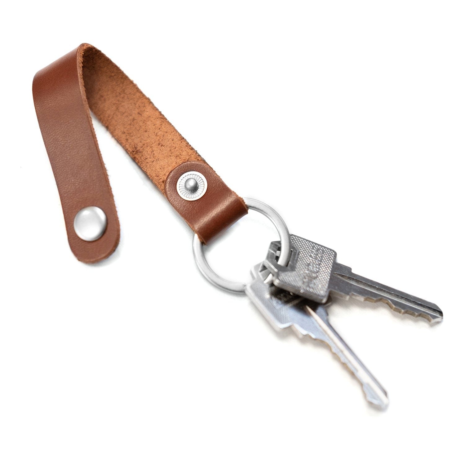Porte-clés en cuir brun et anneau argent