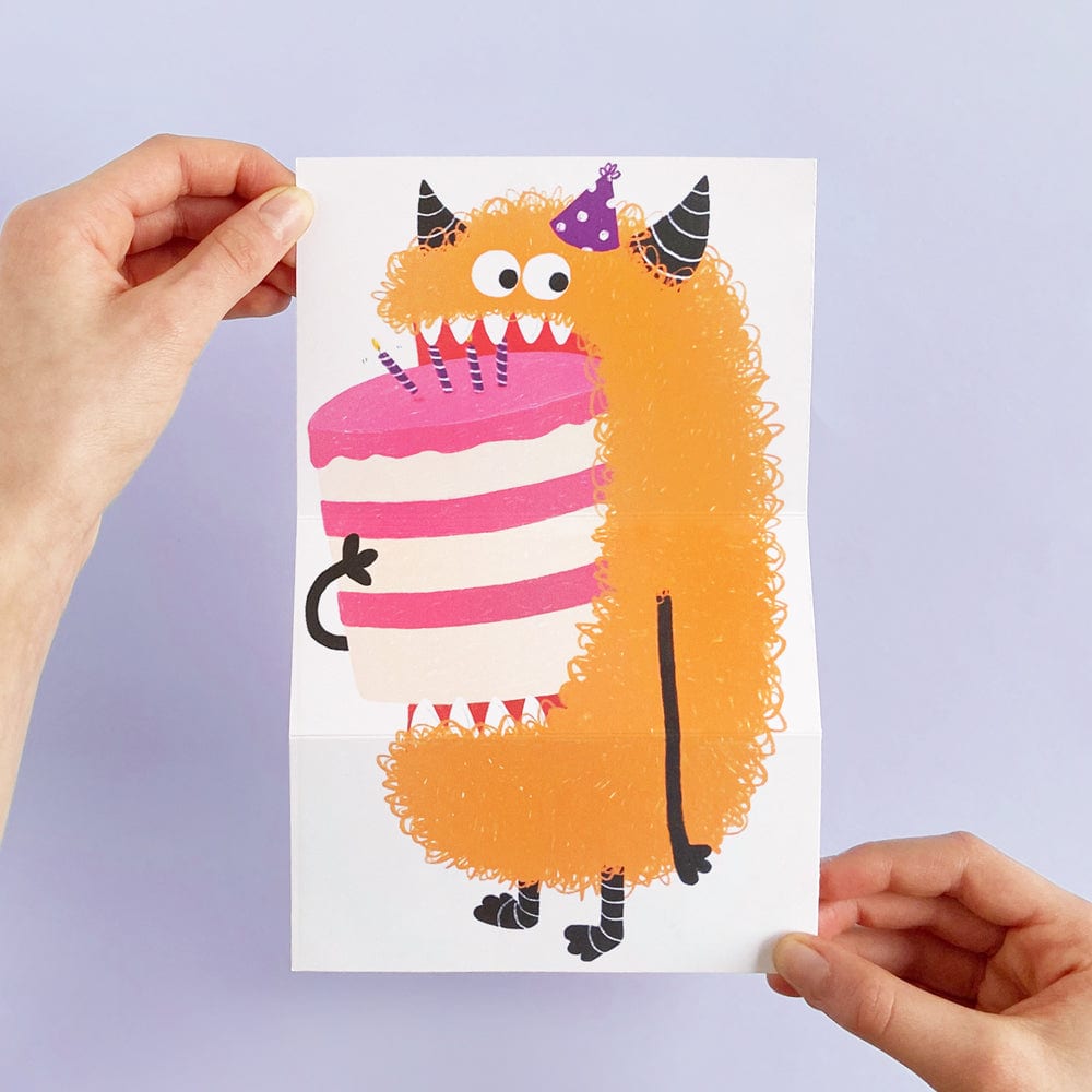 Unfolding greeting card - Monster and cake
